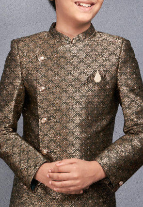 Woven Art Silk Jacquard Asymmetric Sherwani in Beige