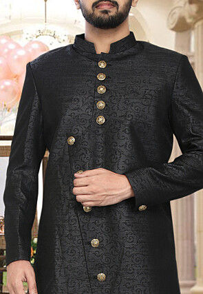Woven Art Silk Jacquard Asymmetric Sherwani in Black