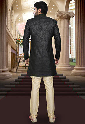 Woven Art Silk Jacquard Asymmetric Sherwani in Black