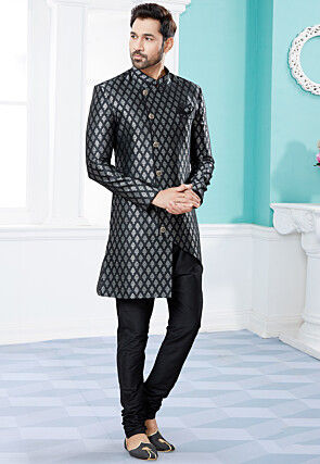 Woven Art Silk Jacquard Asymmetric Sherwani in Black