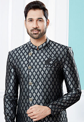 Woven Art Silk Jacquard Asymmetric Sherwani in Black