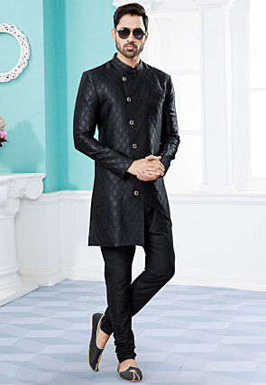 Woven Art Silk Jacquard Asymmetric Sherwani in Black