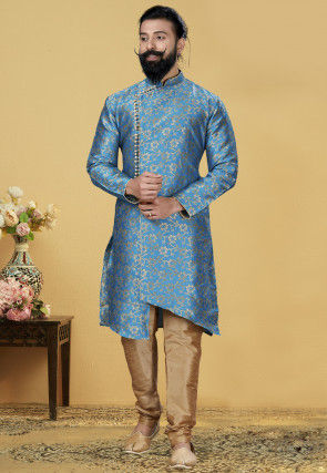 Woven Art Silk Jacquard Asymmetric Sherwani in Blue