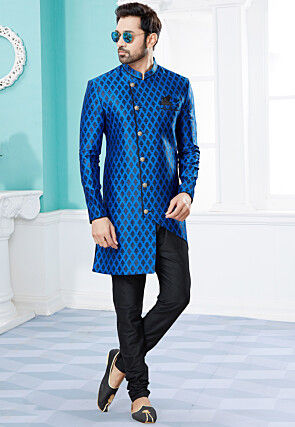 Woven Art Silk Jacquard Asymmetric Sherwani in Blue