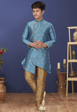 Woven Art Silk Jacquard Asymmetric Sherwani in Blue