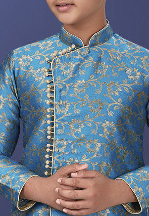 Woven Art Silk Jacquard Asymmetric Sherwani in Blue