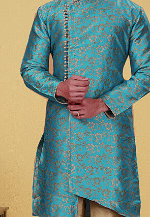 Woven Art Silk Jacquard Asymmetric Sherwani in Blue