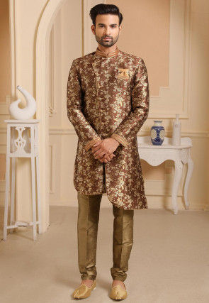 Woven Art Silk Jacquard Asymmetric Sherwani in Brown
