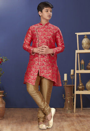 Woven Art Silk Jacquard Asymmetric Sherwani in Coral Pink