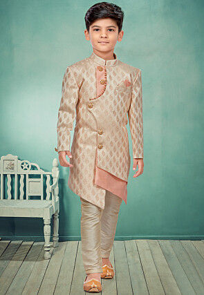 Woven Art Silk Jacquard Asymmetric Sherwani in Cream and Pink