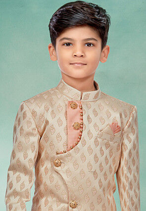 Woven Art Silk Jacquard Asymmetric Sherwani in Cream and Pink