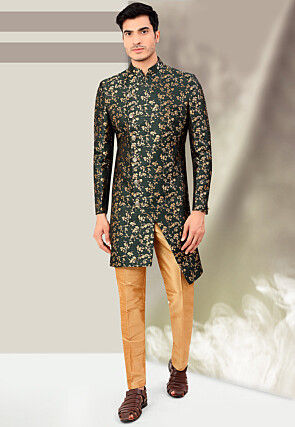 Woven Art Silk Jacquard Asymmetric Sherwani in Dark Green