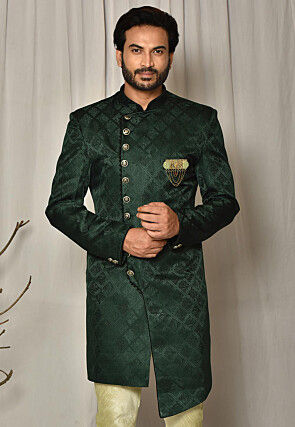 Woven Art Silk Jacquard Asymmetric Sherwani in Dark Green