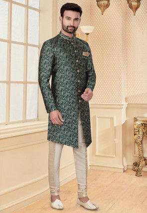 Woven Art Silk Jacquard Asymmetric Sherwani in Dark Green