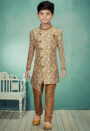 Woven Art Silk Asymmetric Sherwani in Golden and Beige