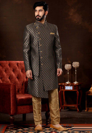 Woven Art Silk Jacquard Asymmetric Sherwani in Grey