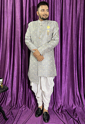 Woven Art Silk Jacquard Asymmetric Sherwani in Grey