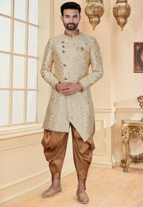 Woven Art Silk Jacquard Asymmetric Sherwani in Light Beige