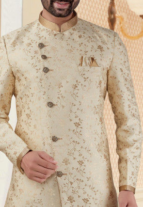 Woven Art Silk Jacquard Asymmetric Sherwani in Light Beige