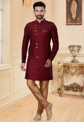 Woven Art Silk Jacquard Asymmetric Sherwani in Maroon