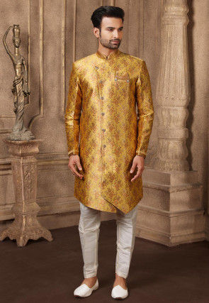 Woven Art Silk Jacquard Asymmetric Sherwani in Mustard