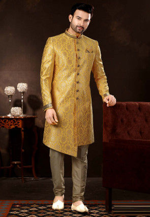 Woven Art Silk Jacquard Asymmetric Sherwani in Mustard