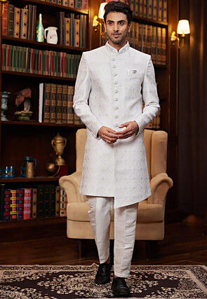 Woven Art Silk Jacquard Asymmetric Sherwani in Off White
