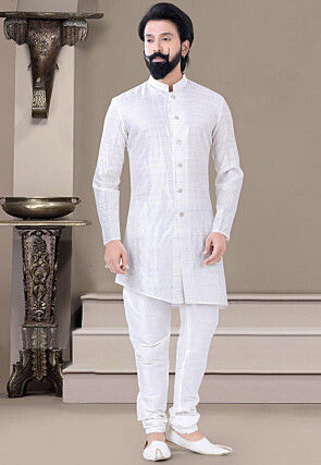 Woven Art Silk Jacquard Asymmetric Sherwani in Off White