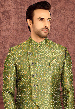 Woven Art Silk Jacquard Asymmetric Sherwani in Olive Green