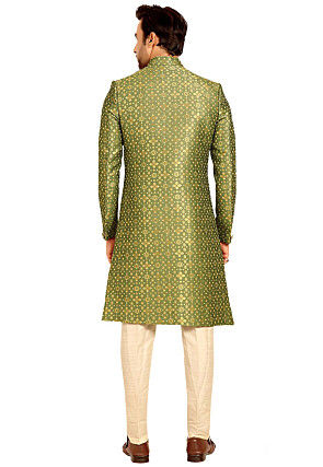 Woven Art Silk Jacquard Asymmetric Sherwani in Olive Green