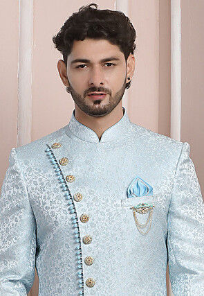 Woven Art Silk Jacquard Asymmetric Sherwani in Sky Blue