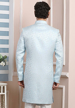 Woven Art Silk Jacquard Asymmetric Sherwani in Sky Blue