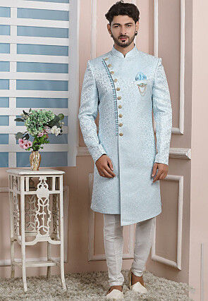 Woven Art Silk Jacquard Asymmetric Sherwani in Sky Blue