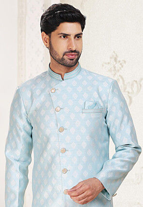Woven Art Silk Jacquard Asymmetric Sherwani in Sky Blue