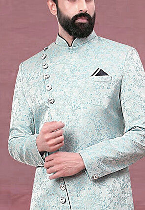 Woven Art Silk Jacquard Asymmetric Sherwani in Sky Blue