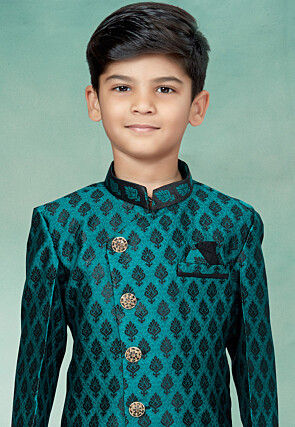 Woven Art Silk Jacquard Asymmetric Sherwani in Green and Black