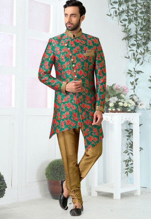 Woven Art Silk Jacquard Asymmetric Sherwani in Teal Green