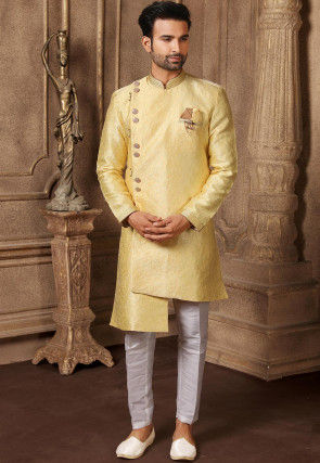 Woven Art Silk Jacquard Asymmetric Sherwani in Yellow