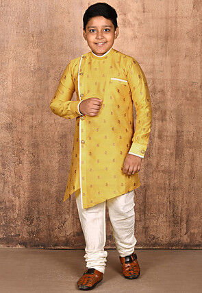 Woven Art Silk Jacquard Asymmetric Sherwani in Yellow