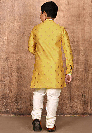 Woven Art Silk Jacquard Asymmetric Sherwani in Yellow