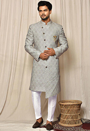 Woven Art Silk Jacquard Asymmetric Sherwani in Grey