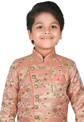 Woven Art Silk Jacquard Asymmetric Sherwani Set in Peach