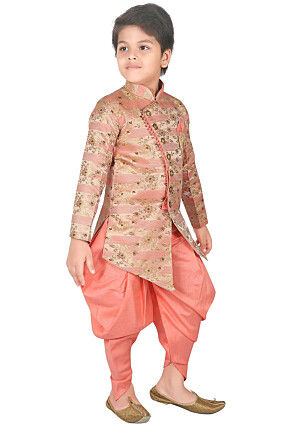 Woven Art Silk Jacquard Asymmetric Sherwani Set in Peach