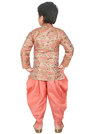 Woven Art Silk Jacquard Asymmetric Sherwani Set in Peach