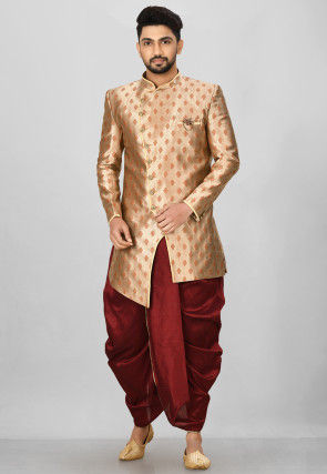 Woven Art Silk Jacquard Asymmteric Dhoti Sherwani in Golden