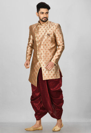 Woven Art Silk Jacquard Asymmteric Dhoti Sherwani in Golden