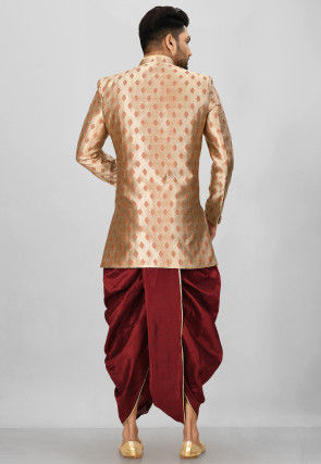 Woven Art Silk Jacquard Asymmteric Dhoti Sherwani in Golden
