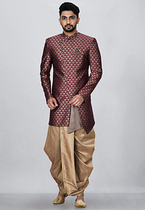 Woven Art Silk Jacquard Asymmteric Dhoti Sherwani in Maroon
