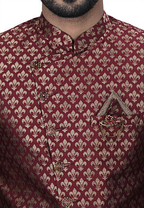 Woven Art Silk Jacquard Asymmteric Dhoti Sherwani in Maroon