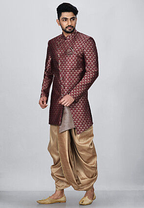 Woven Art Silk Jacquard Asymmteric Dhoti Sherwani in Maroon